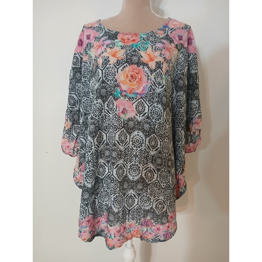 Tolani Collection Womens 2X Floral Geometric Modal Tunic Top Pink Black